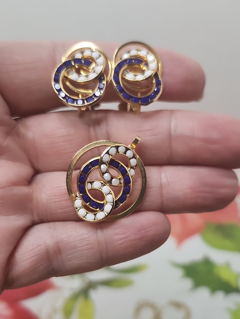 Gold-Tone Blue and White Enamel Pendant and Earring Set